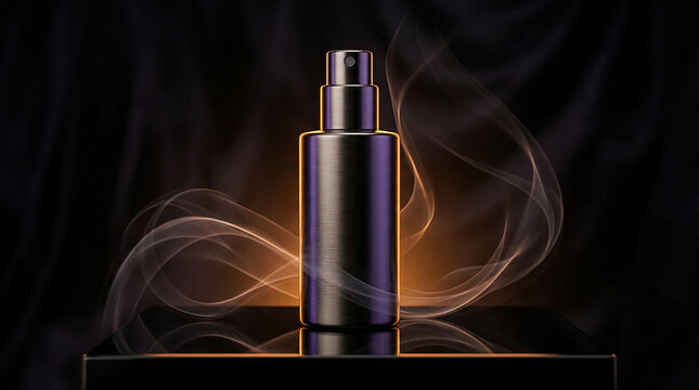 Purple spray perfume bottle with elegant smoke swirls on black surface dark background luxury fragrance product photography personal care beauty product