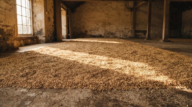 In an old, empty space, oat grains cover the floor, catching the gentle sunlight. Dust motes float in the beams, adding a touch of magic to this rustic setting.