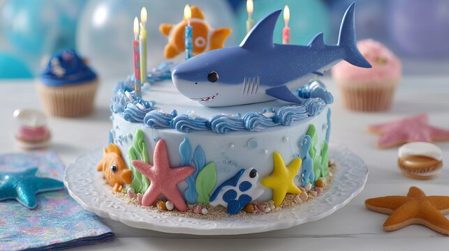 A colorful birthday cake with a shark on top surrounded by ocean-themed decorations and cupcakes