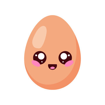 Cute cartoon egg with smiling face and big happy eyes, funny kawaii food vector illustration isolated on white background