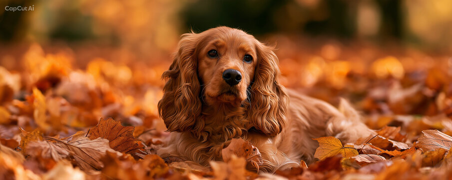 Cocker spaniel dog in autumn leaves 