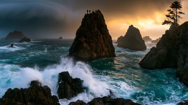 Dramatic coastal seascape at dusk with crashing waves and tiny figures on jagged rocky peaks