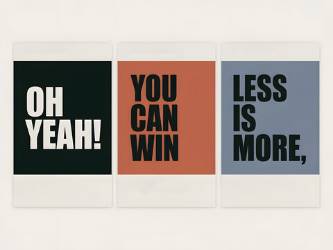 Three posters with bold typography message 'oh yeah' 'you can win' 'less is more'.
