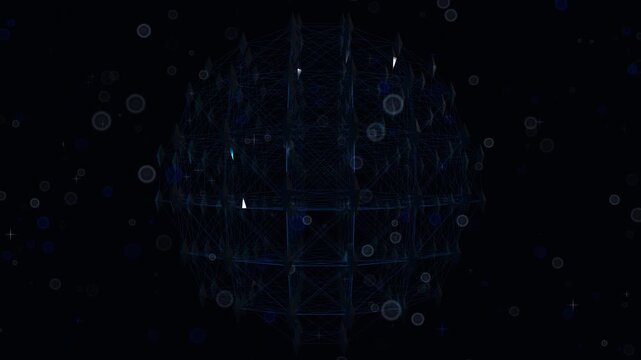 Abstract digital network sphere rotating with glowing blue particles in dark space