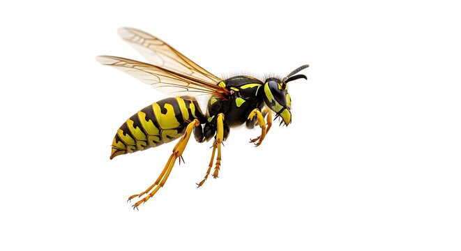 yellowjacket wasp in flight on white background