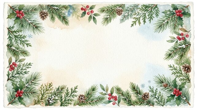 Festive Holiday Frame with Evergreen Sprigs Holly and Pinecones for Christmas and Winter Seasons
