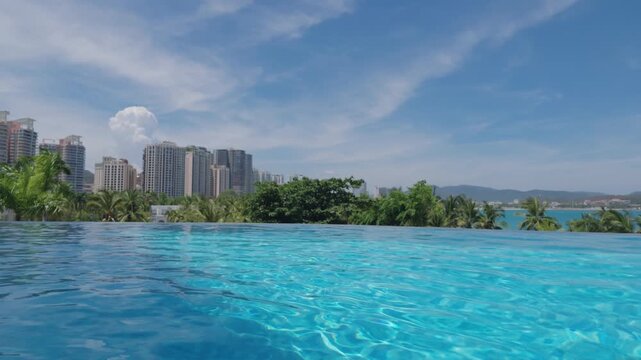 Luxury suburban villa with view on city and ocean, relax near swimming pool. Refreshing in abnormal heat in summertime, contemplation, solitude and peacefulness, enjoy hot summer day out of town