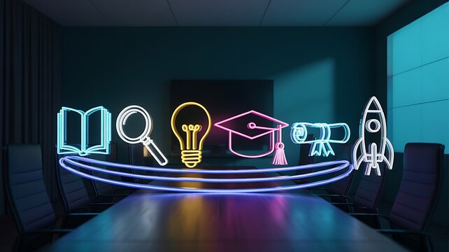 Education and innovation concept with glowing neon icons for digital learning and creative technology

