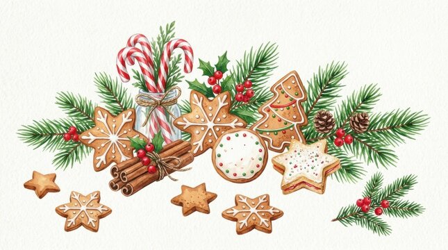 Festive Christmas Cookies and Decorations with Pine Branches and Holly Berries