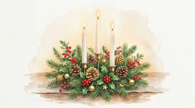Elegant Christmas Centerpiece with Candles, Pinecones, Holly and Red Berries