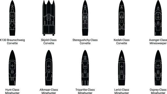 Naval Corvette and Minehunter Icon Set Vector Collection Top View Silhouette Grid