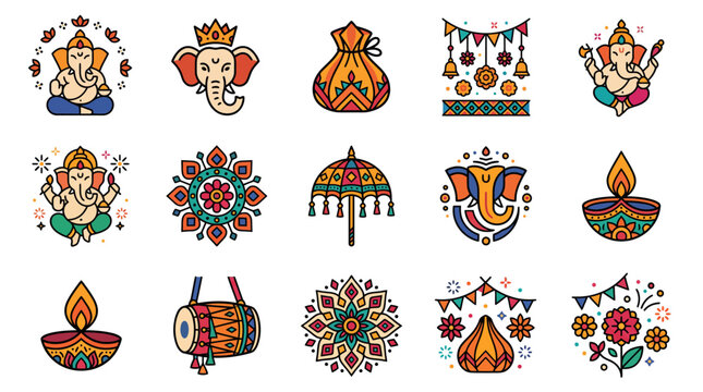 Ganesh Chaturthi Festival Flat Vector Illustration Set, Modern Elephant Icon and Modak Decoration Collection, 12 Festive Designs