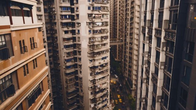 Chinese slums, explore culture and life in modern chinese city, Residential area . Tall living houses in downtown or outskirts of chinese city, poverty and destitution of people, China overpopulation