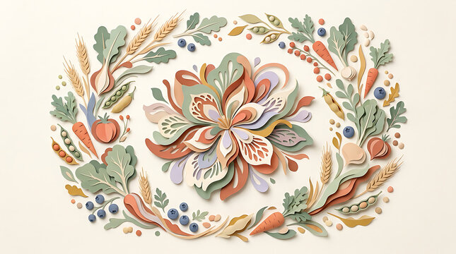 Decorative floral wreath with fresh vegetables and garden herbs illustration