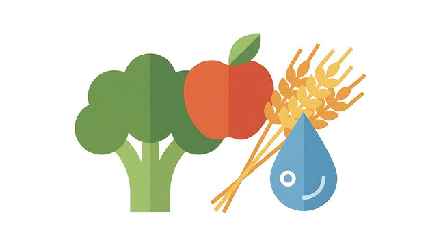 Healthy food icons showing broccoli apple wheat and water drop symbol