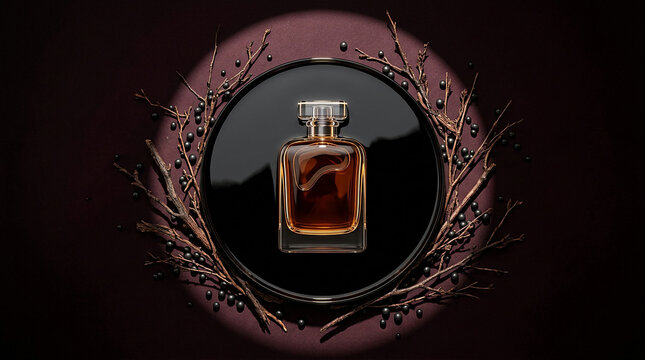 Luxury perfume bottle centered on dark circular base surrounded by decorative branches with dark background product photography essential oil glass bottle