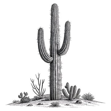 Tall desert cactus illustration with smaller plants around