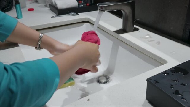 Housekeeper washing and wringing out a cleaning cloth in the bathroom sink.