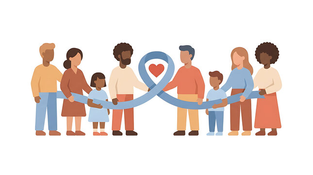 Diverse group of people holding a blue awareness ribbon with a heart