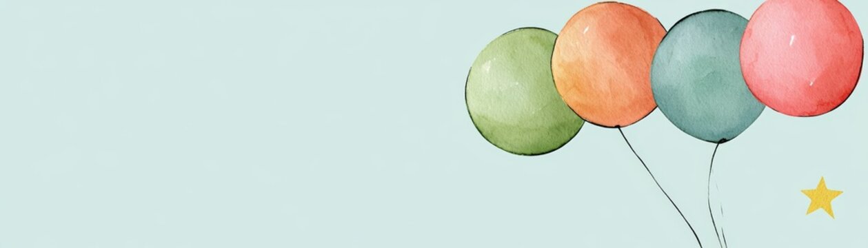 Four colorful watercolor balloons and a small yellow star on a pale blue background, hand drawn kid friendly background