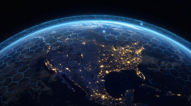 Cyber Security Digital Grid Hexagon Mesh Network Shield Over North America Earth