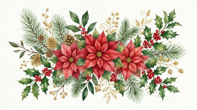 Elegant Poinsettia Floral Arrangement with Holly Pine Cones and Festive Berries