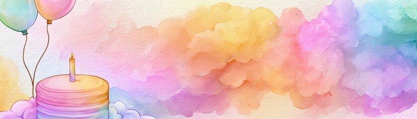 Obraz premium A pastel watercolor scene with a birthday cake, a single lit candle, and colorful balloons floating amidst soft, dreamy clouds, hand drawn kid friendly background