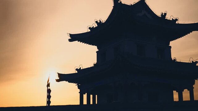 Silhouette of ancient Bell Tower in Xian, trip to China, chinese architecture. Traditional building of Imperial China, save old heritage, Sightseeing and tourism in asian region, summer holidays