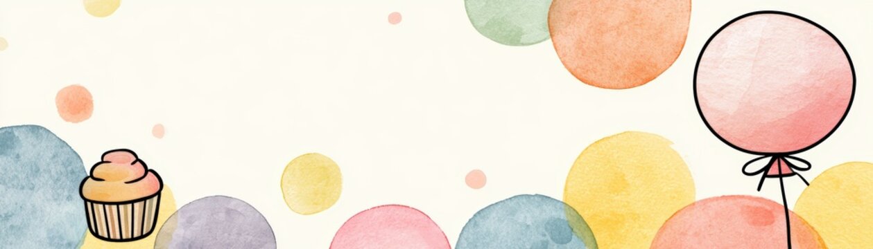 Watercolor illustration featuring pastel balloons and a cupcake on a light background with scattered colorful dots, hand drawn kid friendly background