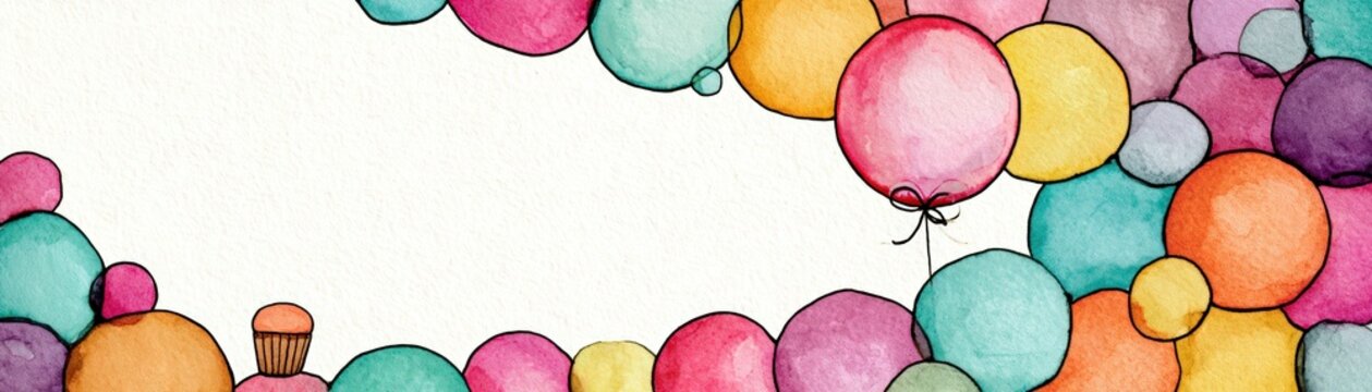 Colorful balloons and a cupcake decorate the edges of a textured white background, a festive and cheerful frame, hand drawn kid friendly background