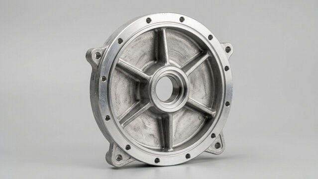 Close-up view of a precision-machined silver metal component with a central bore and six internal radial supports, featuring a bolted flange.