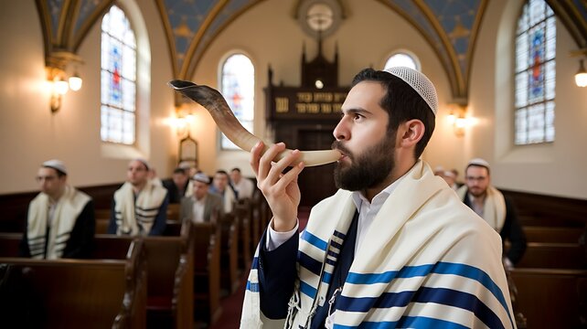 Jewish worshipper blowing shofar during traditional religious ceremony in synagogue