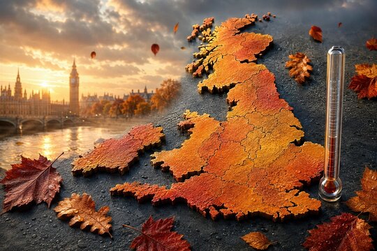 United Kingdom Autumn Weather Map With Thermometer and London Skyline at Golden Sunset