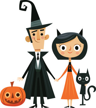 Retro Halloween Couple with Black Cat and Pumpkin Vector Illustration