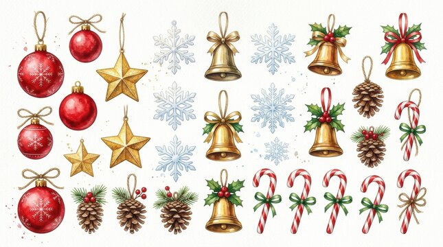 Festive Christmas Decorations including baubles snowflakes and holiday ornaments