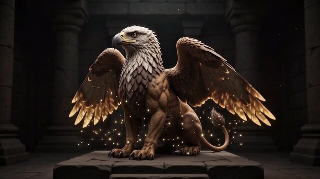 Majestic Griffin with Glowing Wings and Golden Particles in Ancient Stone Temple