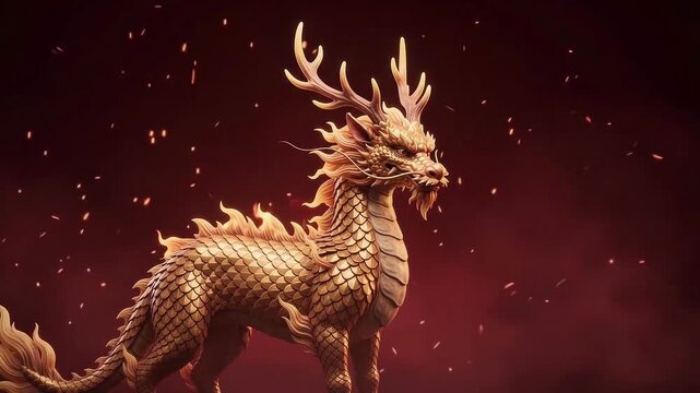Majestic Golden Kirin Dragon with Fiery Aura on a Dark Red Background, Symbolizing Power and Prosperity in Asian Mythology and Folklore