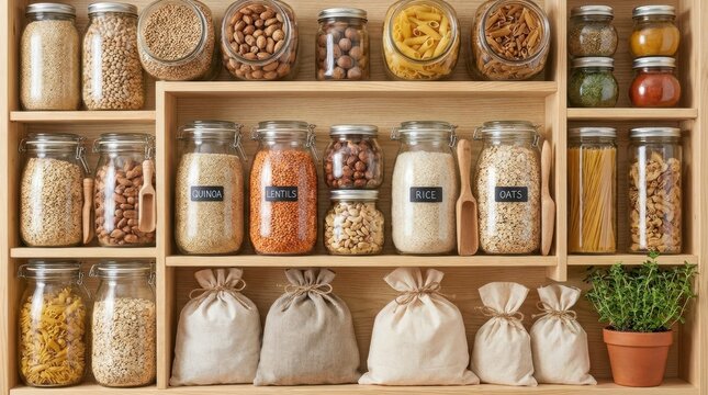 zero-waste pantry storage Organized wooden shelves filled with jars, bags, pasta, and herbs in a pantry.