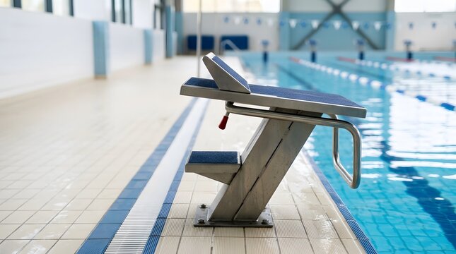 swimming starting block at indoor pool edge for competitive racing, athlete training, professional aquatic sports and swimming competition preparation