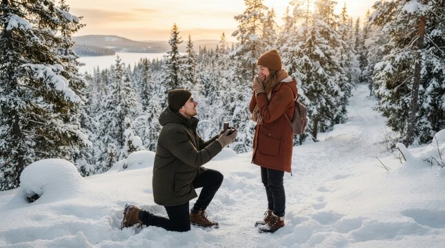 Winter Proposal: A man kneels on one knee in the snow, offering a ring to his beloved amidst a breathtaking winter landscape, surrounded by snow-covered trees and a serene frozen lake.