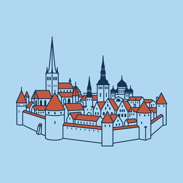 Vector illustration of Tallinn Old Town, Estonia, showcasing medieval city walls, watchtowers, red-roofed buildings, and church spires like St. Olaf's in a clean, minimalist flat design style.