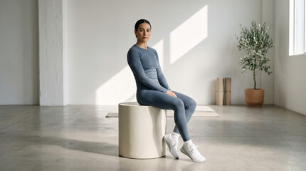Fit Woman in Gray Activewear Sitting Stool in Minimalist Studio