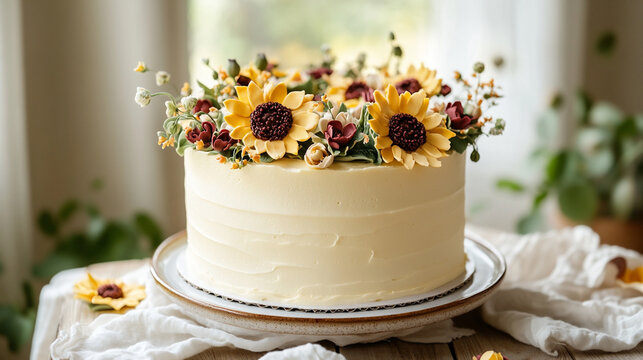 Vegan cake with smooth frosting close-up. Dessert, sunflowers and sugar flowers. Natural light, ceramic plate