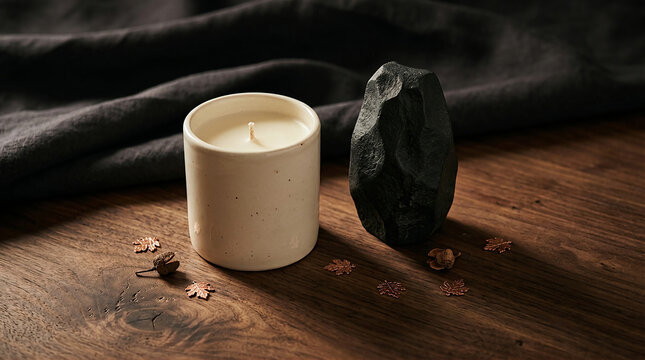 Natural soy wax candle in ceramic container placed next to piece of coal on rustic wood table with scented candle raw coal interior decor homeware design