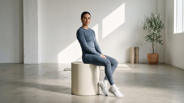 Fit Woman in Gray Activewear Sitting Stool in Minimalist Studio