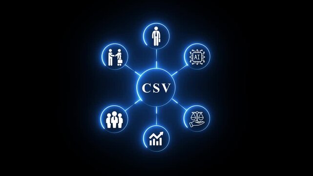 Csv file format concept with glowing blue network icons on dark background a conceptual graphic displaying text surrounded by interconnected business and technology against