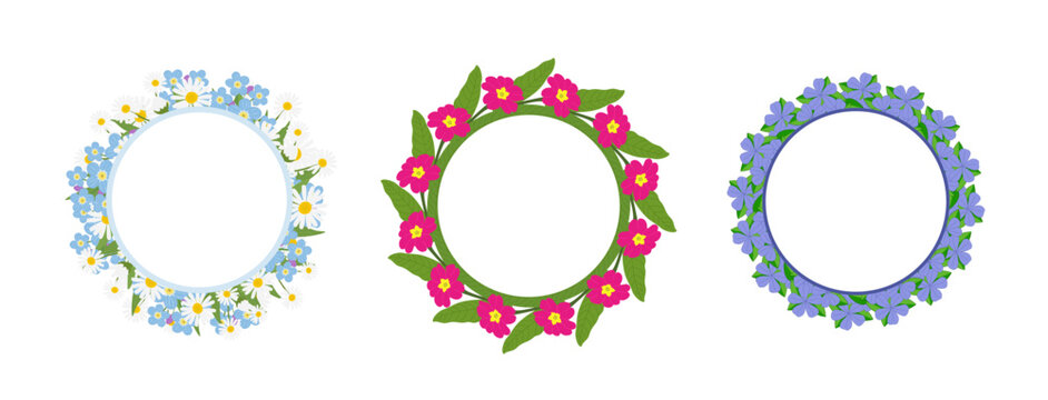 Set of round frame or border decorated with colorful blooming wild meadow flowers. Floral invitation cards, labels and elegant save the date templates. Gorgeous backgrounds. Flat vector illustration