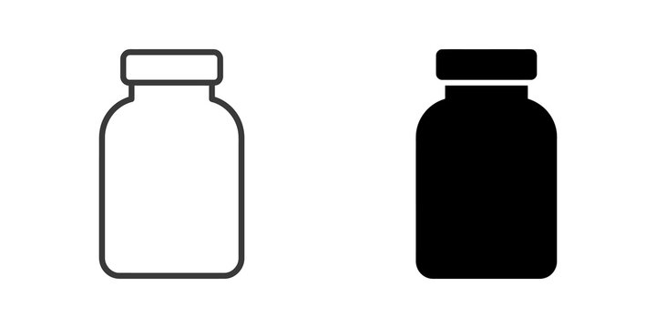 Medicine bottle pill jar outline and solid black vector graphic icons.