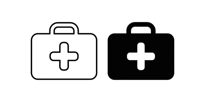 Medical first aid kit set black outline and silhouette for emergency.