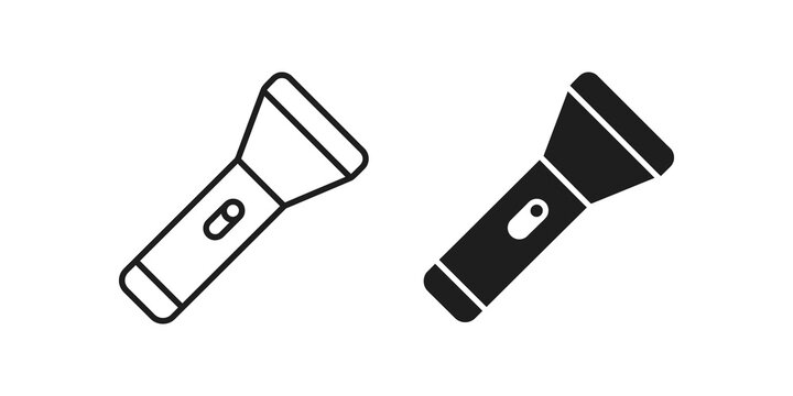 Flashlight pocket torch vector icon set in outline and solid versions.